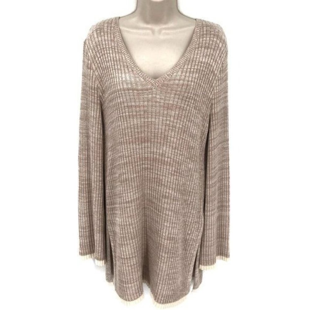 H&M Womens Oatmeal Ribbed Knit V Neck Bell Sleeve Tunic Sweater Size L